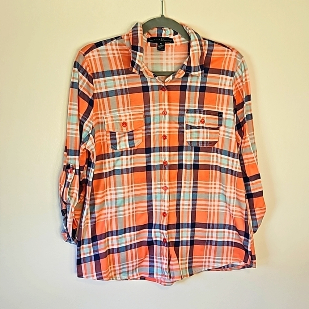 French Laundry Women's Plaid Blouse Large Petite Roll Tab Sleeve